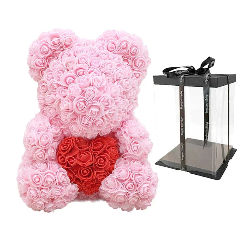 Rose Bear Artificial Flower Teddy Bear - Handmade PE Foam Everlasting Roses Gift for Women - Romantic Anniversary and Valentines Decor - 40cm Red