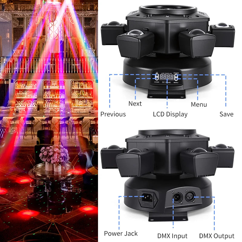 Moving Head LED Stage Light 120W - RGBW 4-in-1 Bee Eye Beam DJ Lighting with 6 Rotating Arms and DMX Control for Disco Party Events