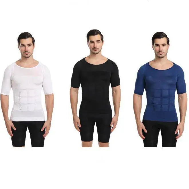 Men's Compression Body Shaper T-Shirt - Slimming Abdomen Fat Burning Undershirt - Polyester Spandex Posture Corrective Vest for Men - M to XXL