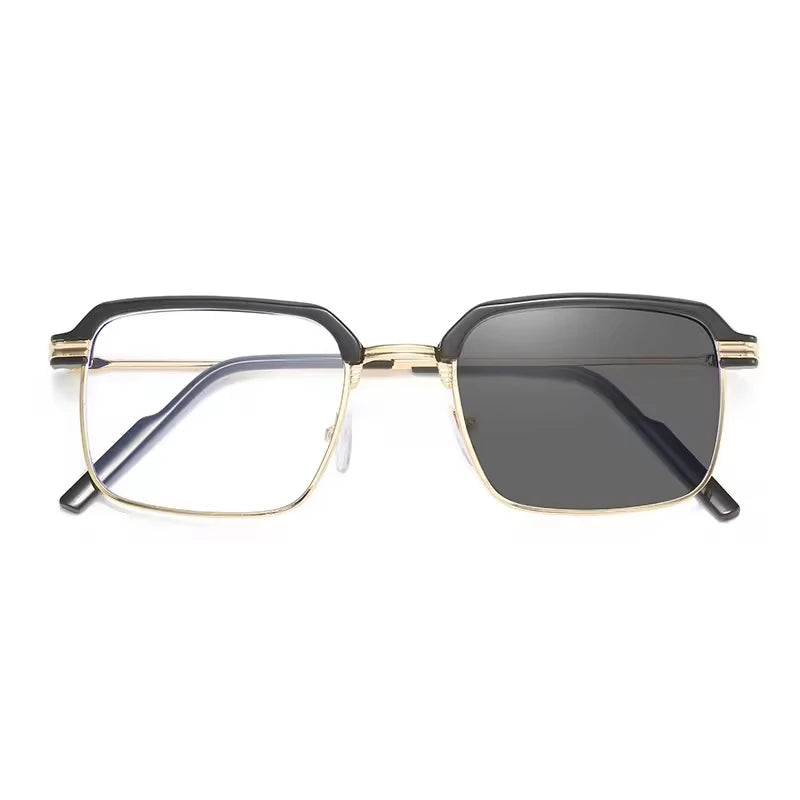 Unisex Anti Blue Light Reading Glasses with Color Changing Photochromic Lenses - Metal Frame Square Eyeglasses for Diamond Face Shapes - Gray