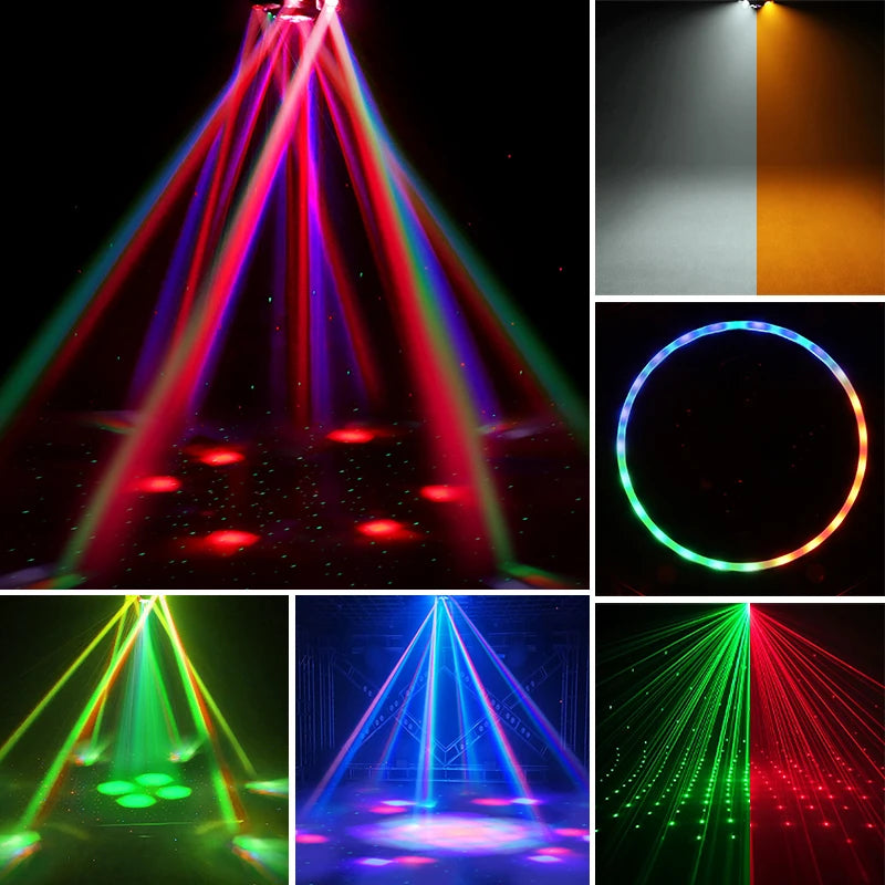 Moving Head LED Stage Light 120W - RGBW 4-in-1 Bee Eye Beam DJ Lighting with 6 Rotating Arms and DMX Control for Disco Party Events