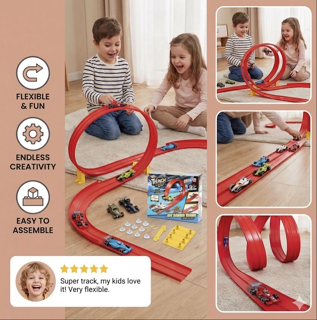 Flexible Race Track Set with Glow in the Dark Rails - Creative DIY Construction Toy with Light Up Car for Kids - Indoor Racing Play Set