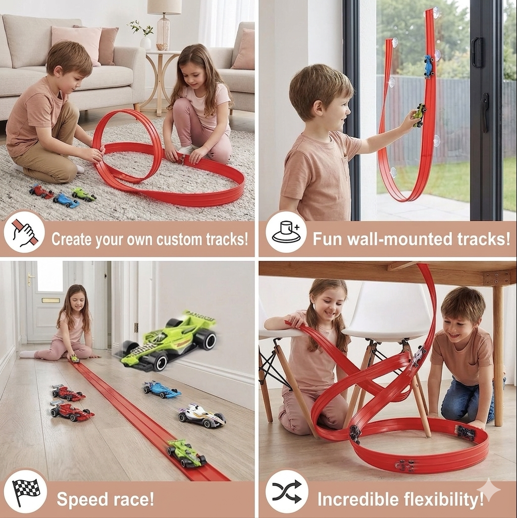 Flexible Race Track Set with Glow in the Dark Rails - Creative DIY Construction Toy with Light Up Car for Kids - Indoor Racing Play Set