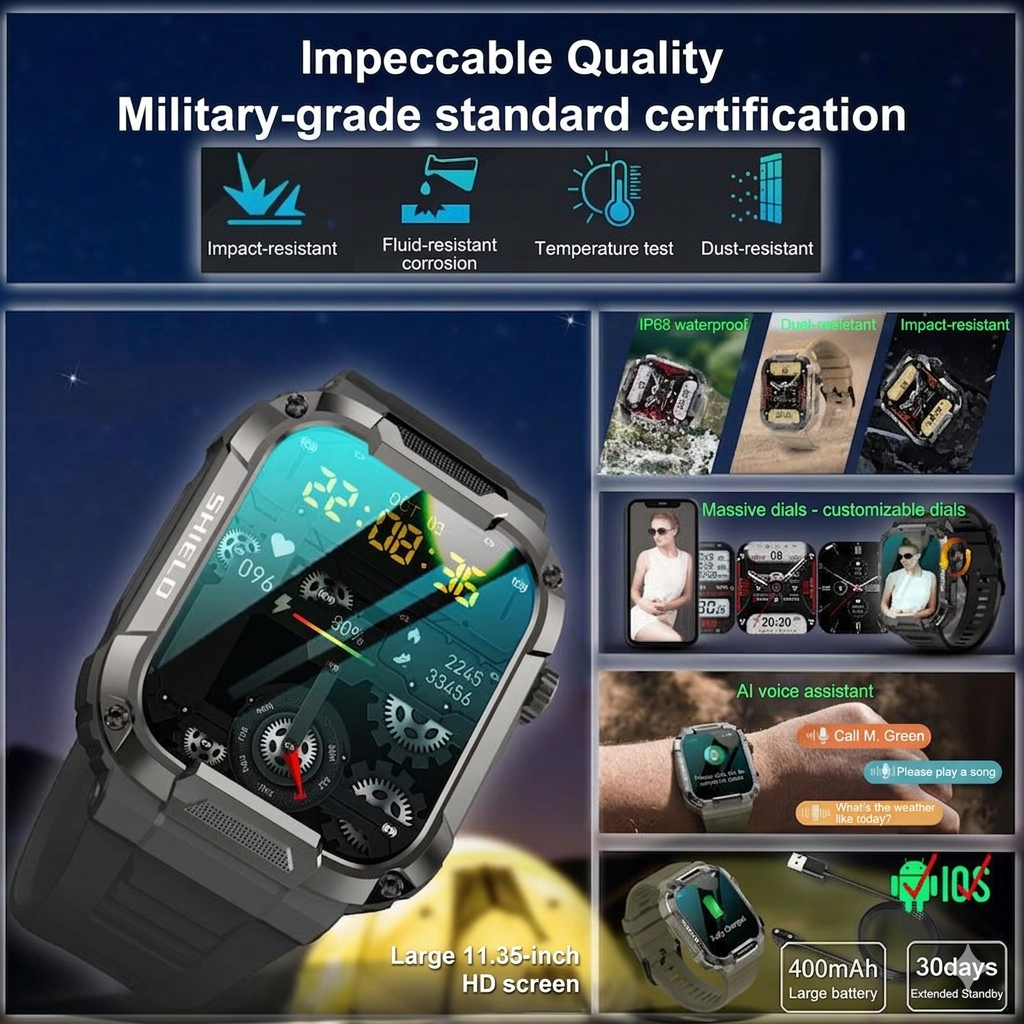 Military Smartwatch for Men - Waterproof IP68 Rugged Fitness Tracker with Bluetooth Calling, Heart Rate Monitor and 110 Sports Modes