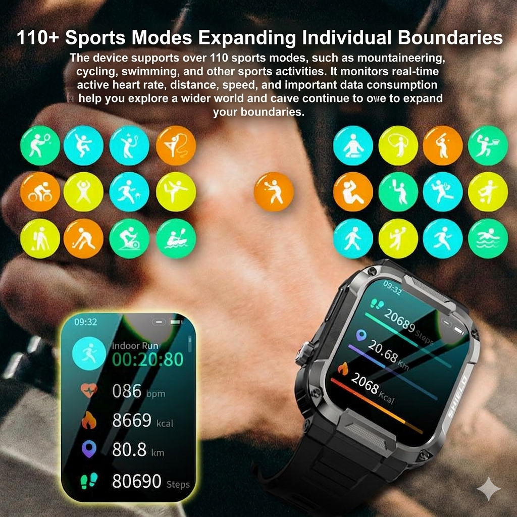 Military Smartwatch for Men - Waterproof IP68 Rugged Fitness Tracker with Bluetooth Calling, Heart Rate Monitor and 110 Sports Modes
