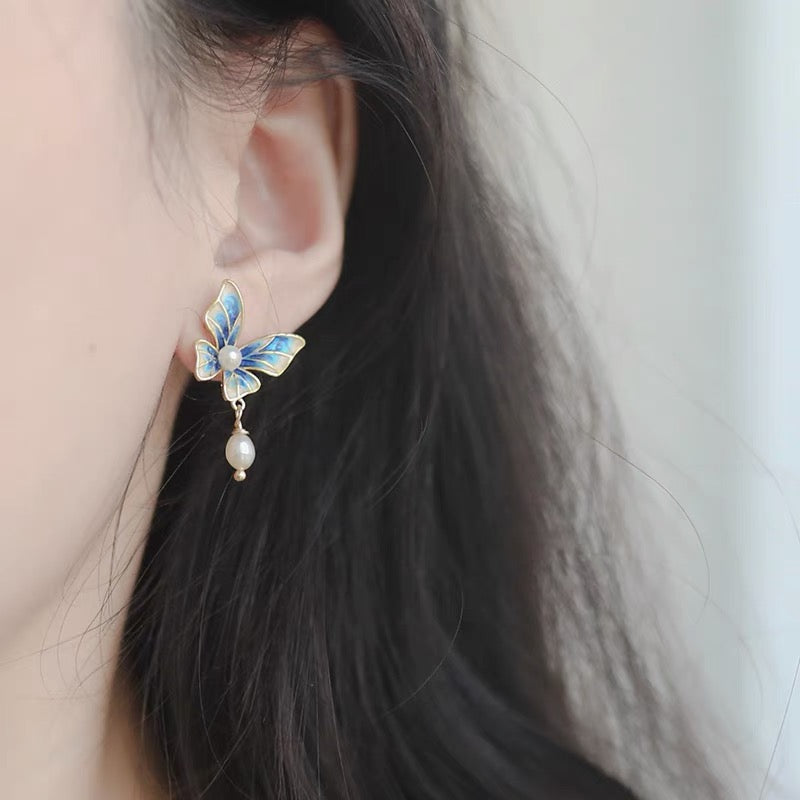 Pearl Drop Glaze Butterfly Earrings