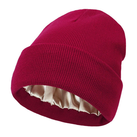 Women's Wool Winter Beanie with Anti-Frizz Silk Lining - Warm Knit Skull Cap for Hair Protection against Static and Breakage - 22 x 23cm