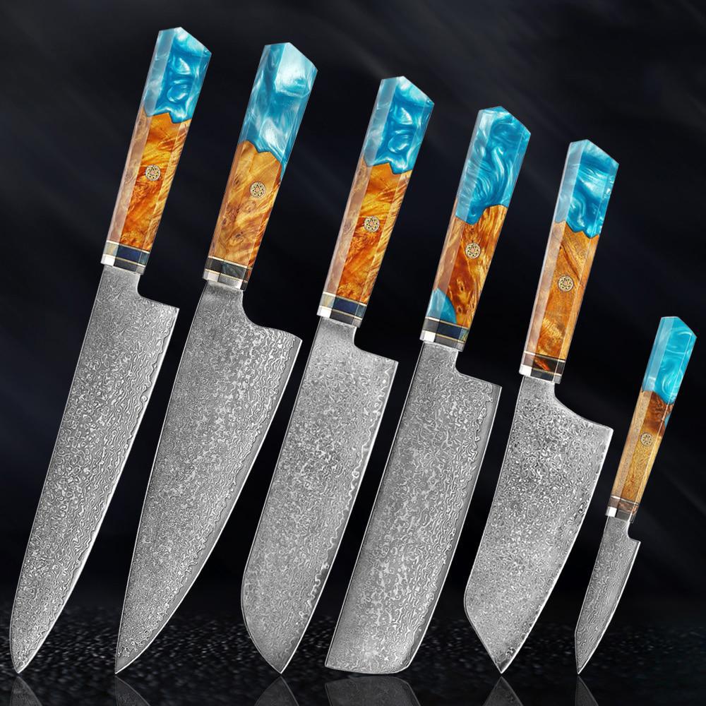Seiki (清木) Japanese Damascus Steel Knife With Blue Resin Handle