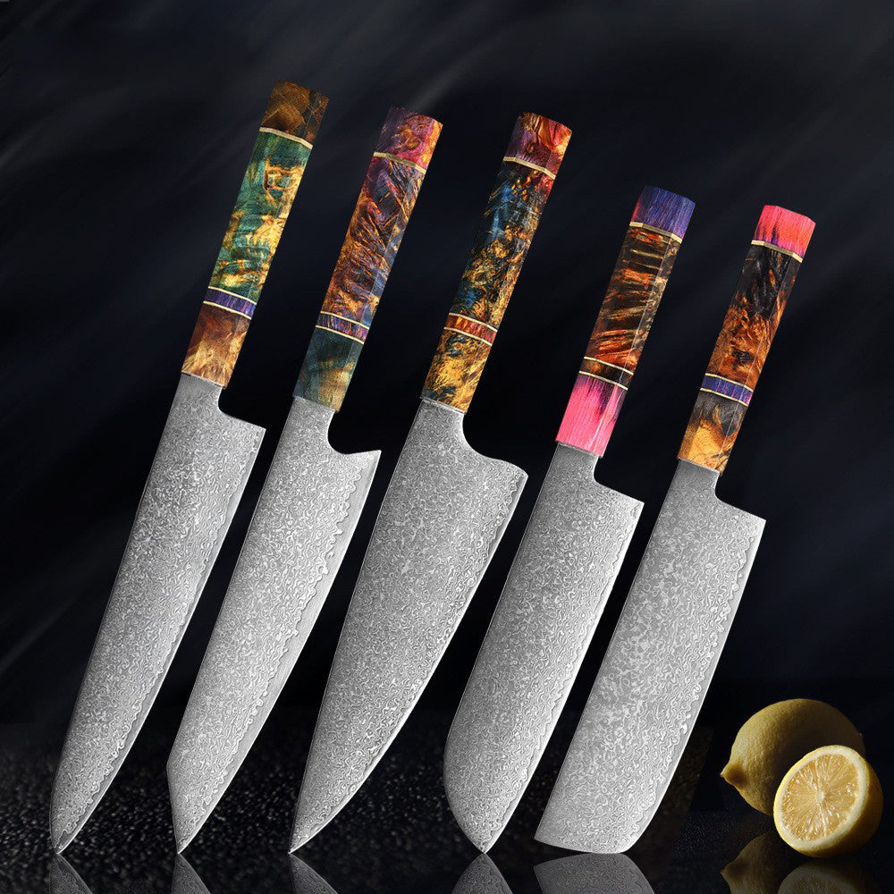 SAKUTO (久拓) Japanese Damascus Steel Kitchen Knife With Coloured Octagonal Handle