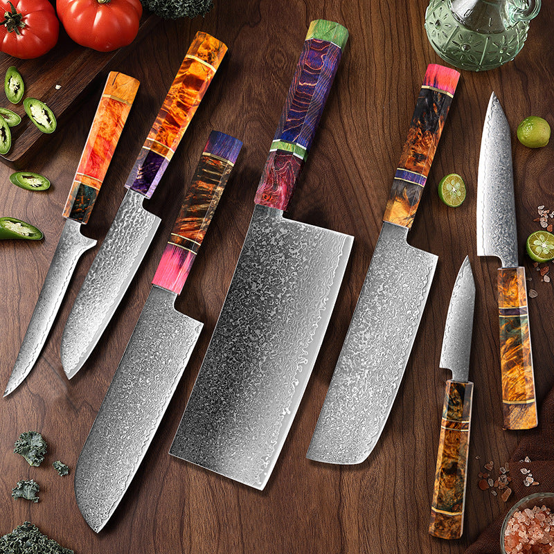 SAKUTO (久拓) Japanese Damascus Steel Kitchen Knife With Coloured Octagonal Handle