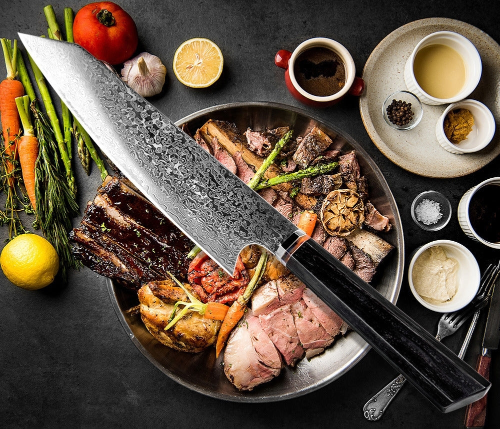 Kiritsuke ( きりつけ) Japanese Damascus Steel Chefs Knife With Ebony Octagonal Handle