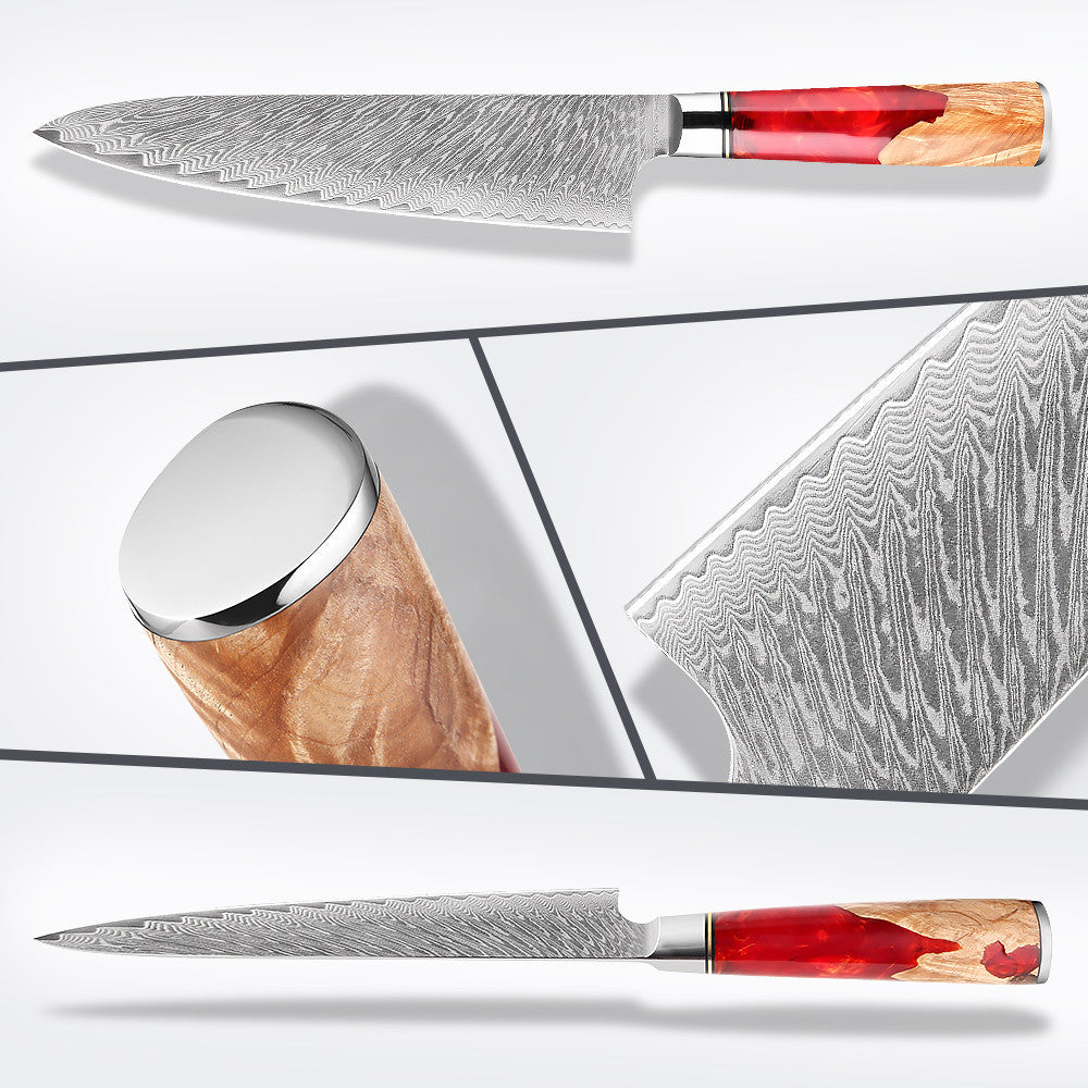 SAKUTO (作東) Japanese Damascus Steel Kitchen Knife Set With Coloured Red Handle