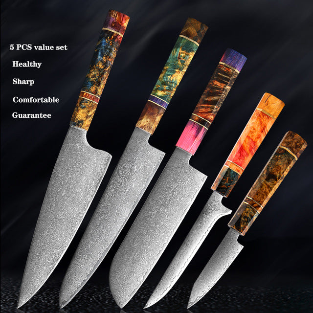 SAKUTO (久拓) Japanese Damascus Steel Kitchen Knife With Coloured Octagonal Handle
