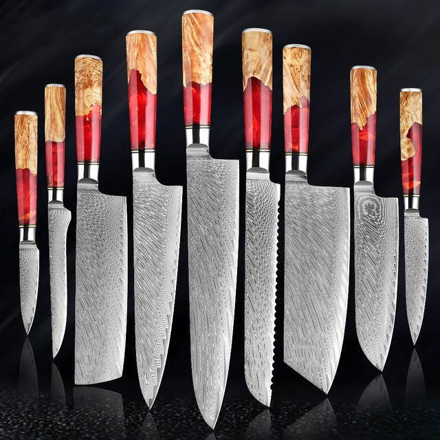 SAKUTO (作東) Japanese Damascus Steel Kitchen Knife Set With Coloured Red Handle