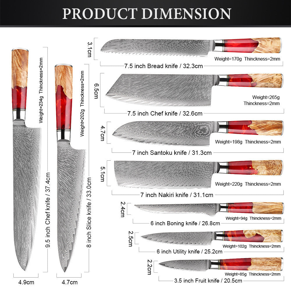 SAKUTO (作東) Japanese Damascus Steel Kitchen Knife Set With Coloured Red Handle