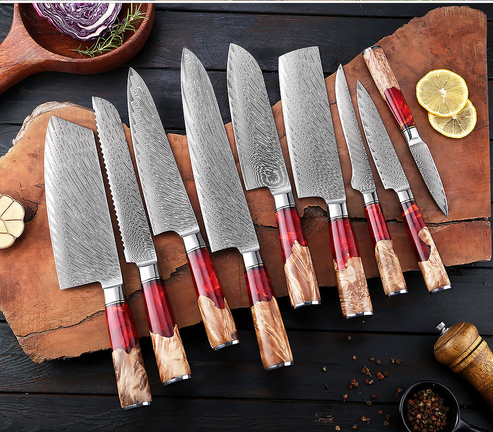 SAKUTO (作東) Japanese Damascus Steel Kitchen Knife Set With Coloured Red Handle