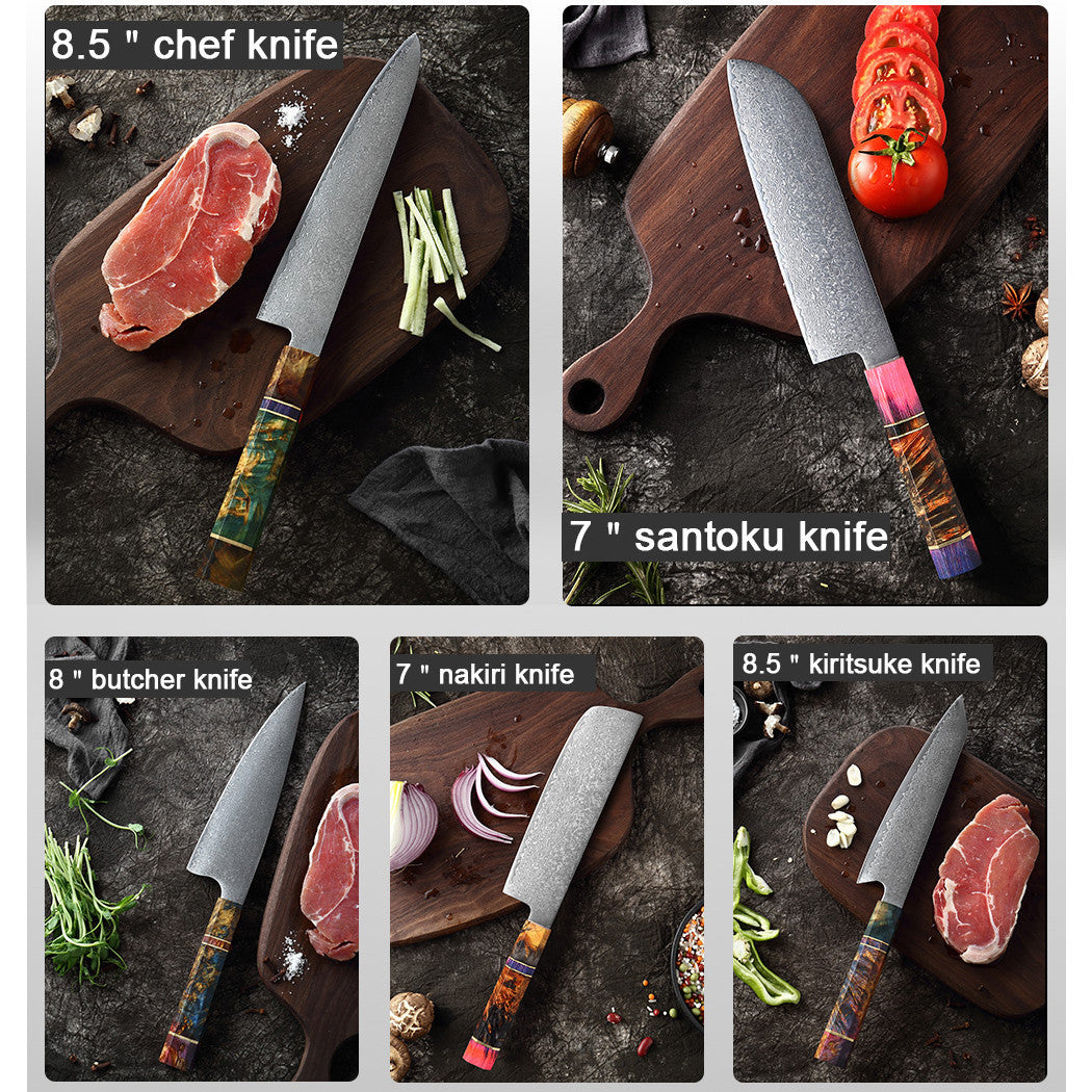SAKUTO (久拓) Japanese Damascus Steel Kitchen Knife With Coloured Octagonal Handle