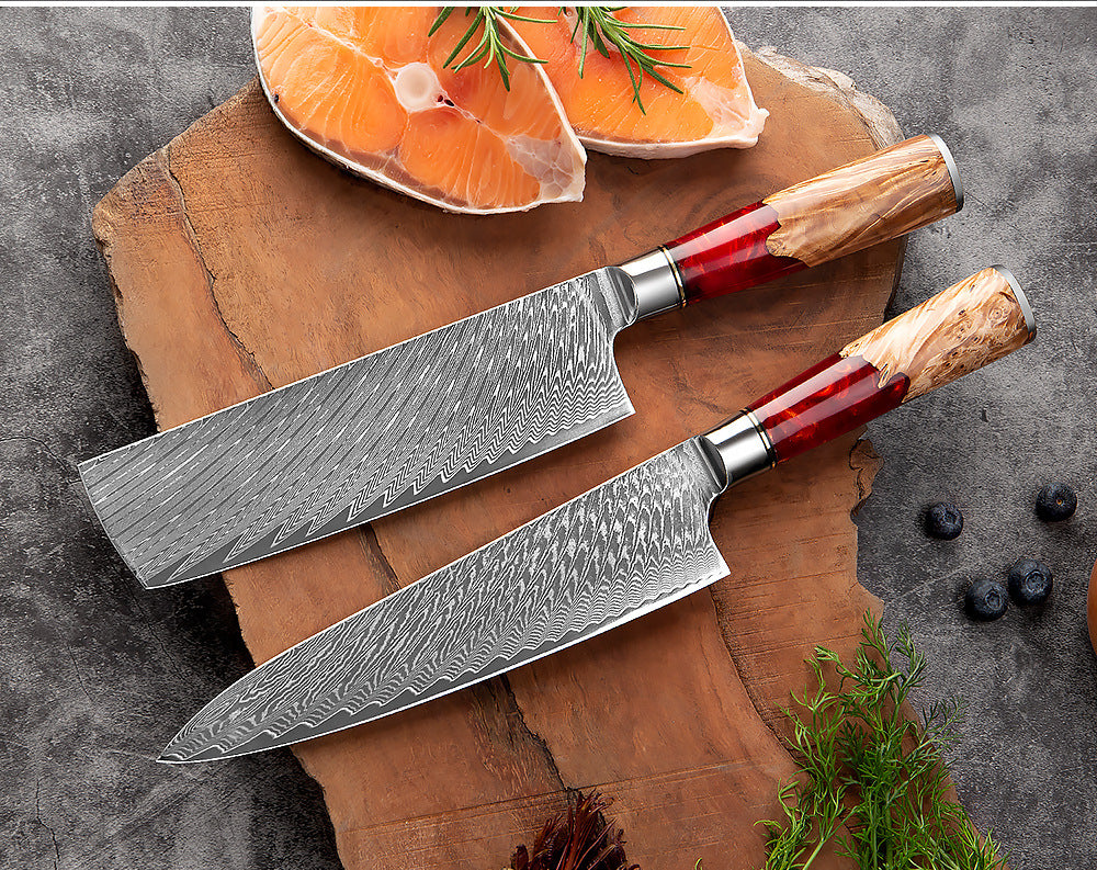 SAKUTO (作東) Japanese Damascus Steel Kitchen Knife Set With Coloured Red Handle