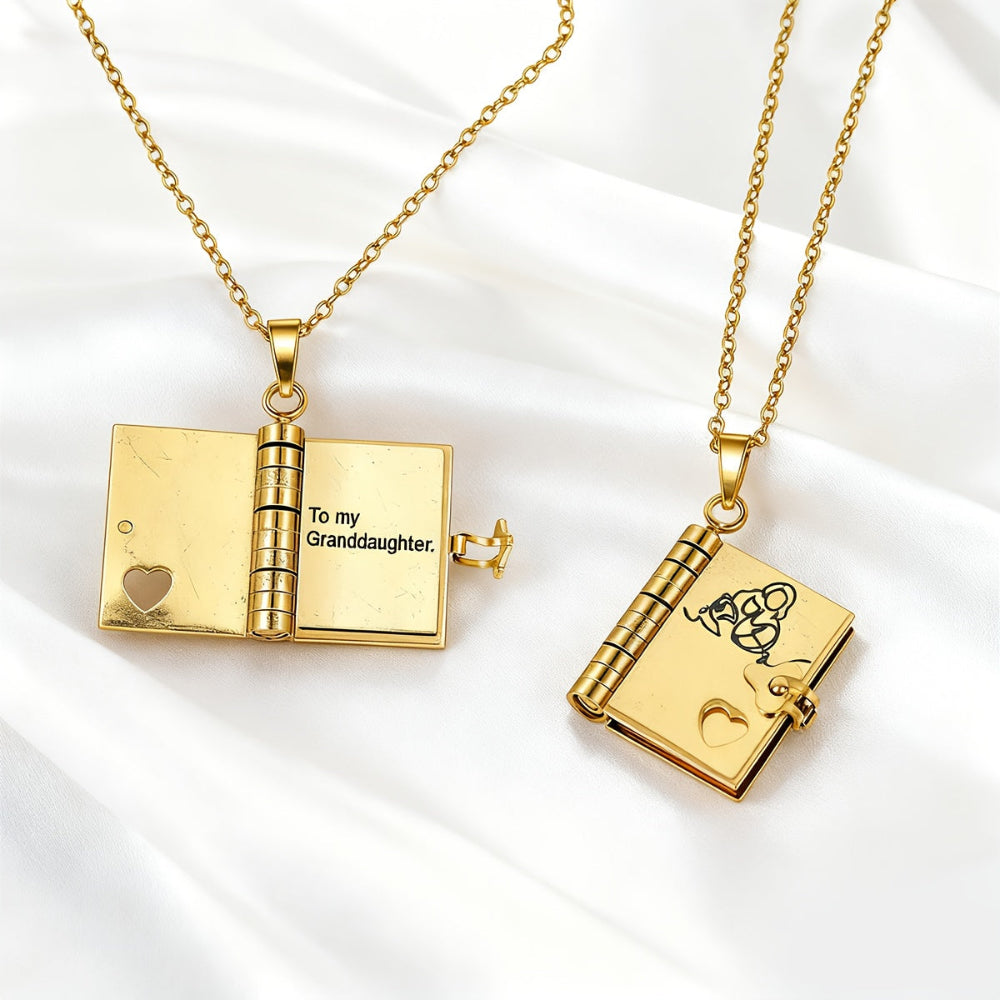 Pendant Necklace Engraved Book Locket Gift Women Mom Daughter