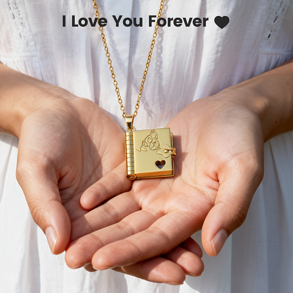Pendant Necklace Engraved Book Locket Gift Women Mom Daughter