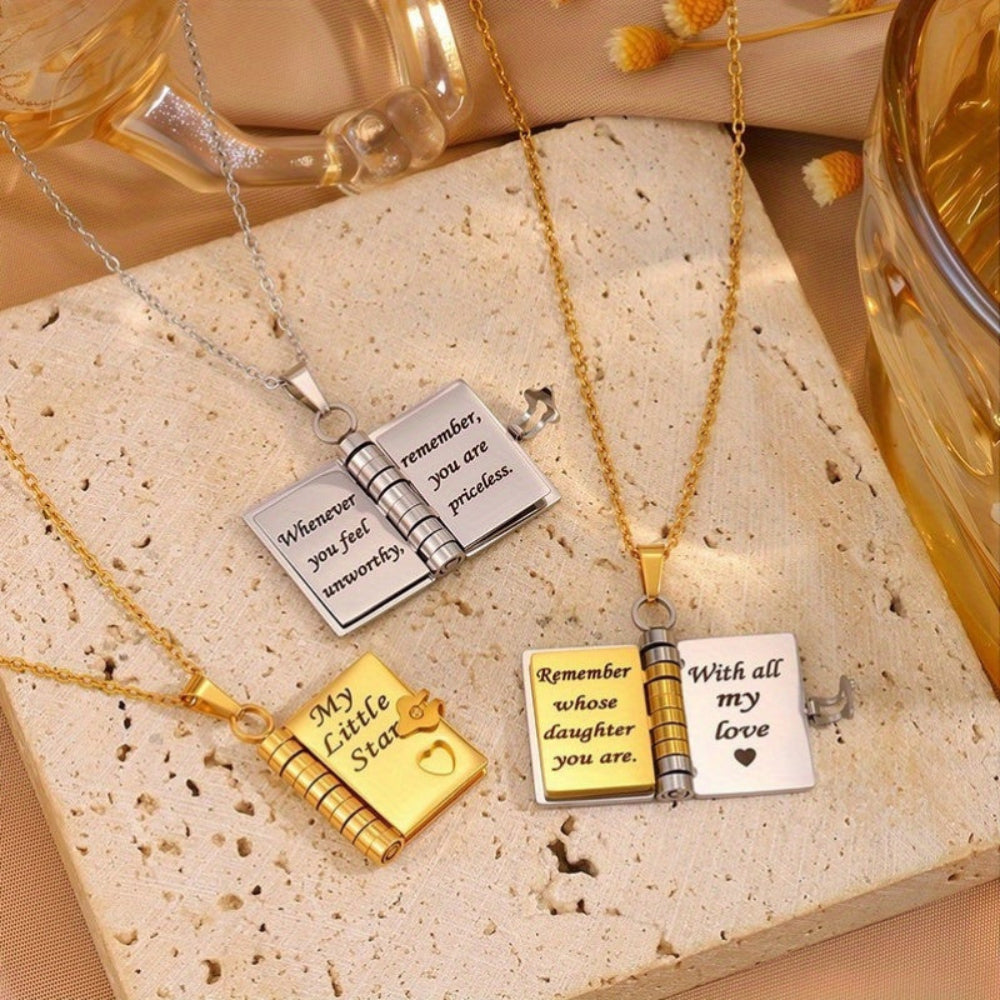 Pendant Necklace Engraved Book Locket Gift Women Mom Daughter