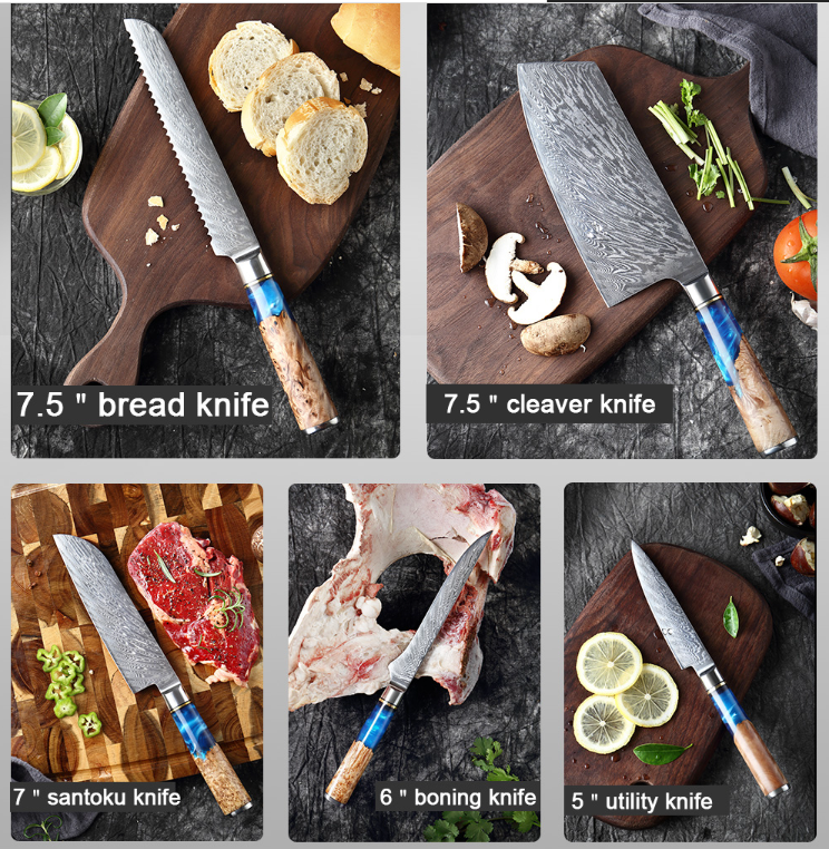SAKUTO (作東) Japanese Damascus Steel Kitchen Knife Set With Blue Handle