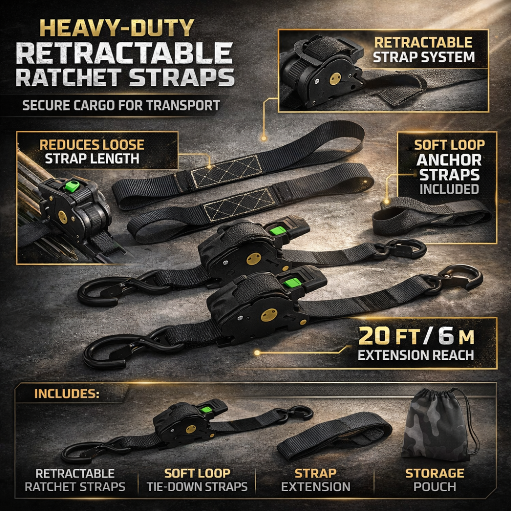 Ratchet Straps Retractable Heavy Duty Cargo Tie Down Set