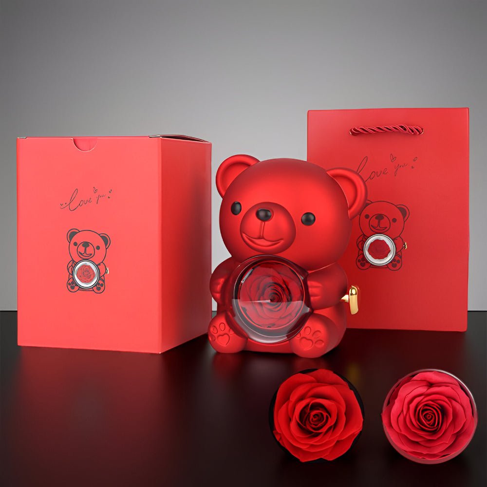 Teddy Bear Rose Gift Set Hidden Jewelry Box Heart Necklace