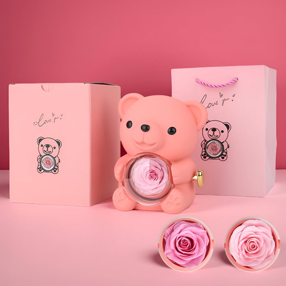 Teddy Bear Rose Gift Set Hidden Jewelry Box Heart Necklace