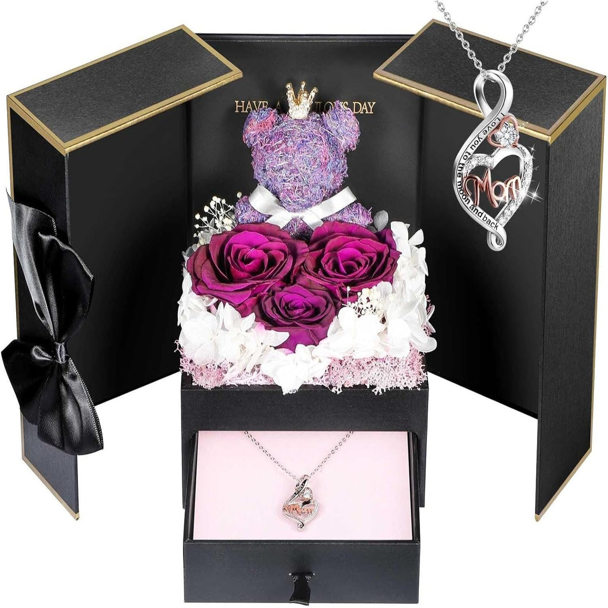 Rose Box Eternity Roses Bear Necklace Jewelry Gift