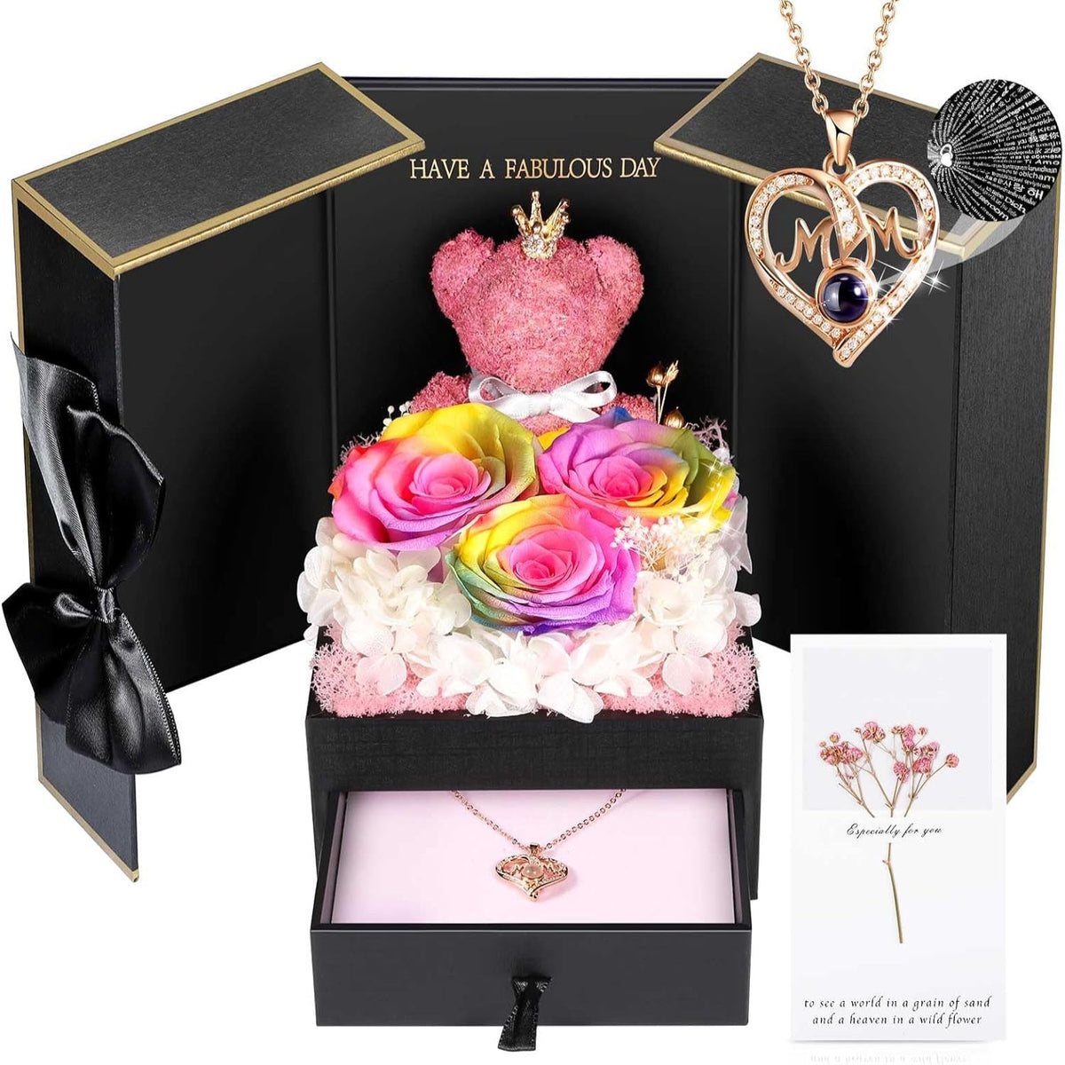 Rose Box Eternity Roses Bear Necklace Jewelry Gift