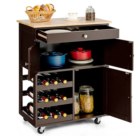 3-Tier Rolling Kitchen Trolley with Wine Rack
