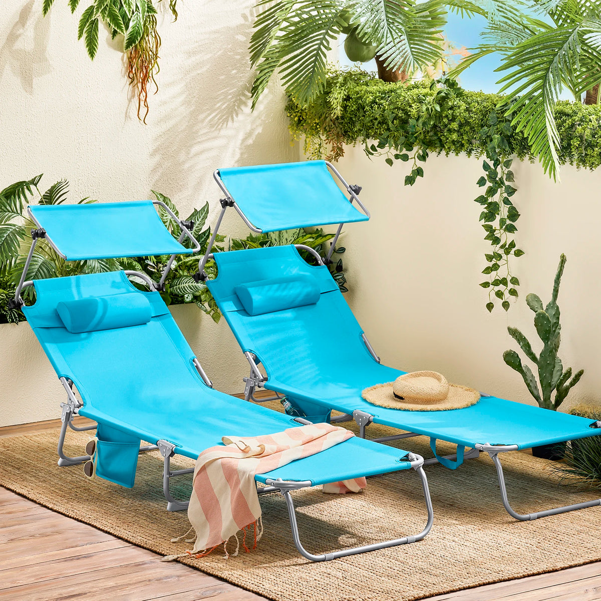 Set of 2 Outdoor Folding Sun Loungers with Adjustable Canopy and Headrest Pillow - Portable Metal Reclining Garden Chairs for Beach and Yard