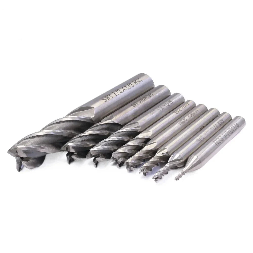 8 PCS High Speed Steel HSS 4 Flute Straight End Mill Milling Cutter Tool Set