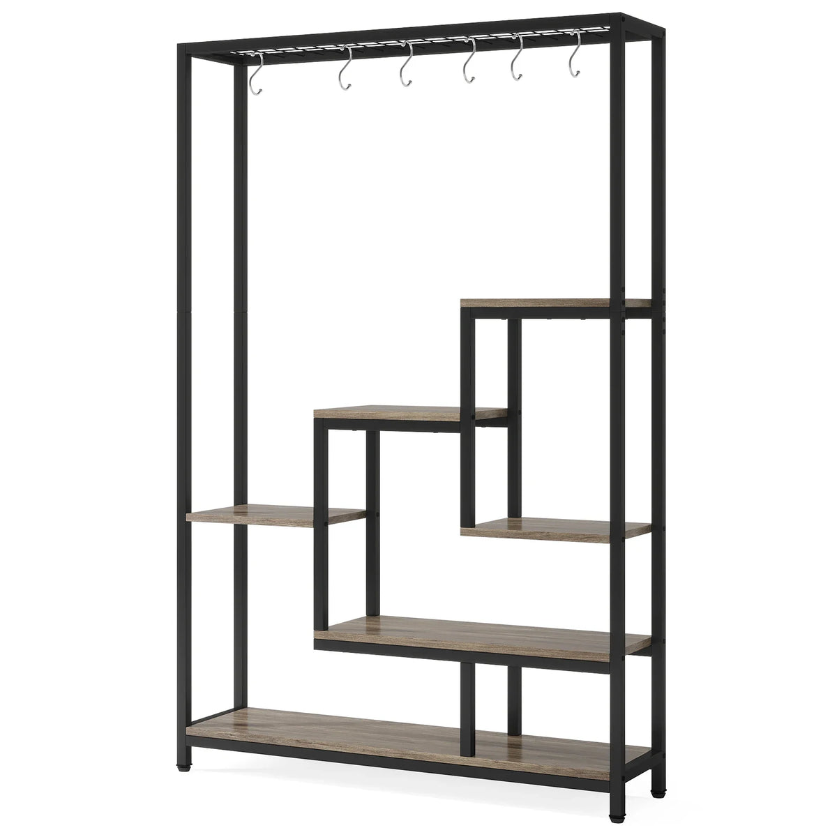 5-Tier Tall Indoor Plant Stand with Metal Frame and Hanging Hooks