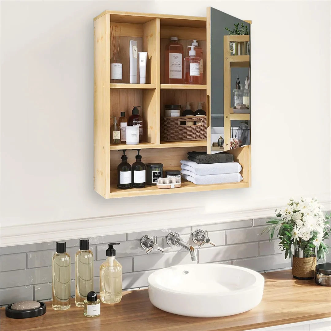 Wall Mounted Bamboo Bathroom Vanity Mirror Cabinet