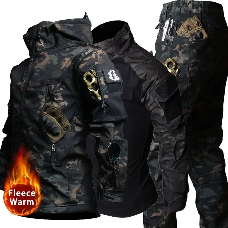 Men's Military Tactical Uniform Set - Hooded Soft Shell Hunting Jacket with Breathable Long Sleeve Shirt and Multi-Pocket Cargo Pants - Unisex