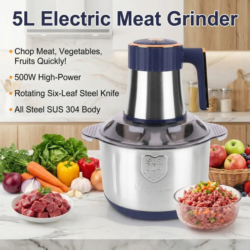 Electric Food Processor and Meat Grinder with 5L Stainless Steel Bowl - Multifunction Kitchen Mixer Machine for Vegetables and Meat - Unisex