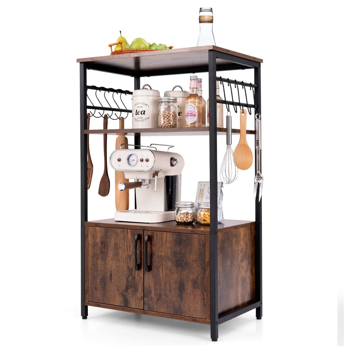 3-Tier Industrial Kitchen Bakers Rack with Cabinet