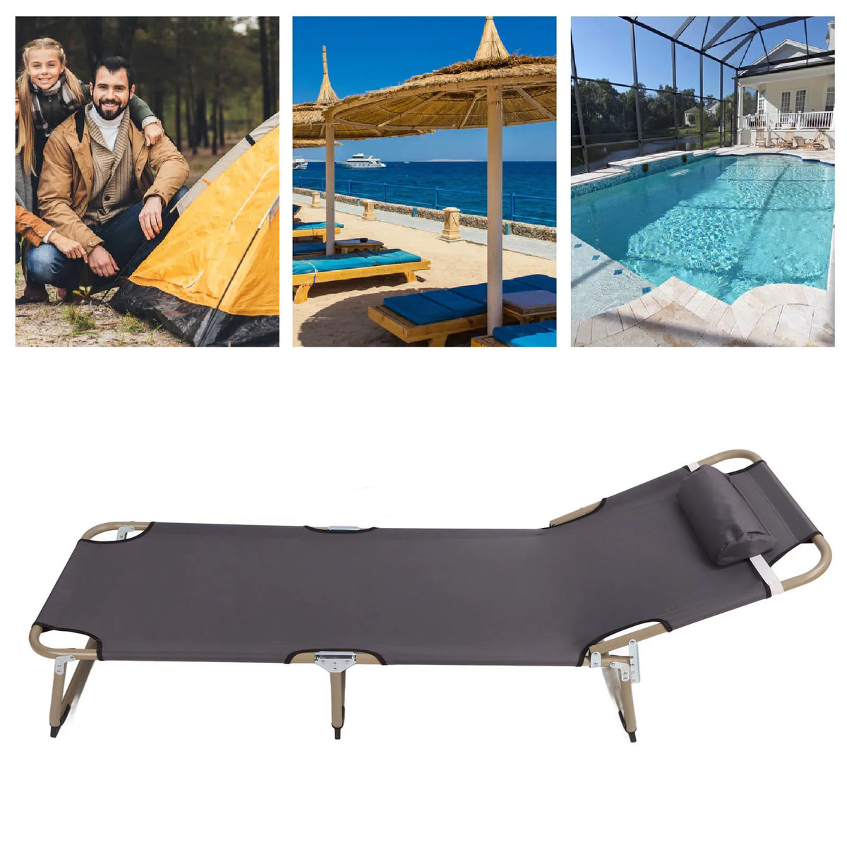 Lightweight Camping Tent Cot with Pillow - Portable Waterproof Alloy Folding Sleeping Bed with Adjustable Backrest for Beach and Terrace