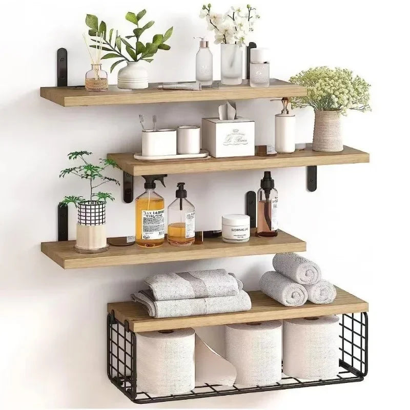 Wall Shelves Floating Mounted Wooden Storage Rack 4-Piece Set