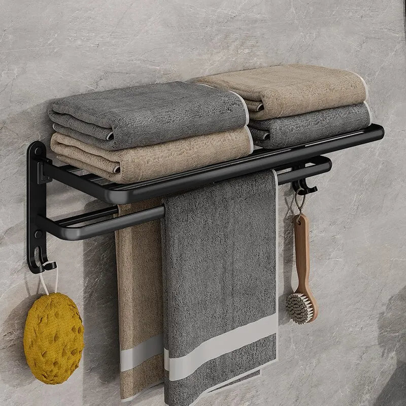 Matte Black Folding Wall-Mount Aluminium Towel Rack with Hook