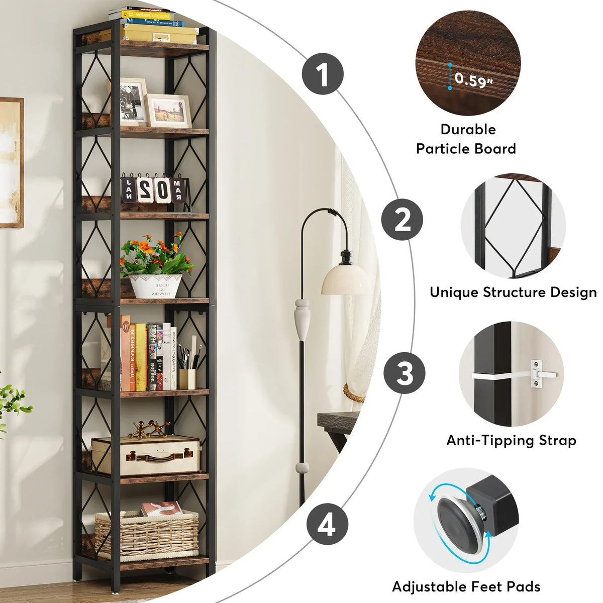 7-Tier Extra Tall Narrow Bookshelf for Small Spaces