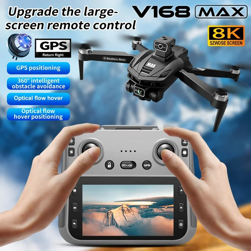 V168 MAX GPS Folding Drone with 8K Camera - Professional Brushless Aerial FPV Quadcopter with Obstacle Avoidance and Large Screen Remote