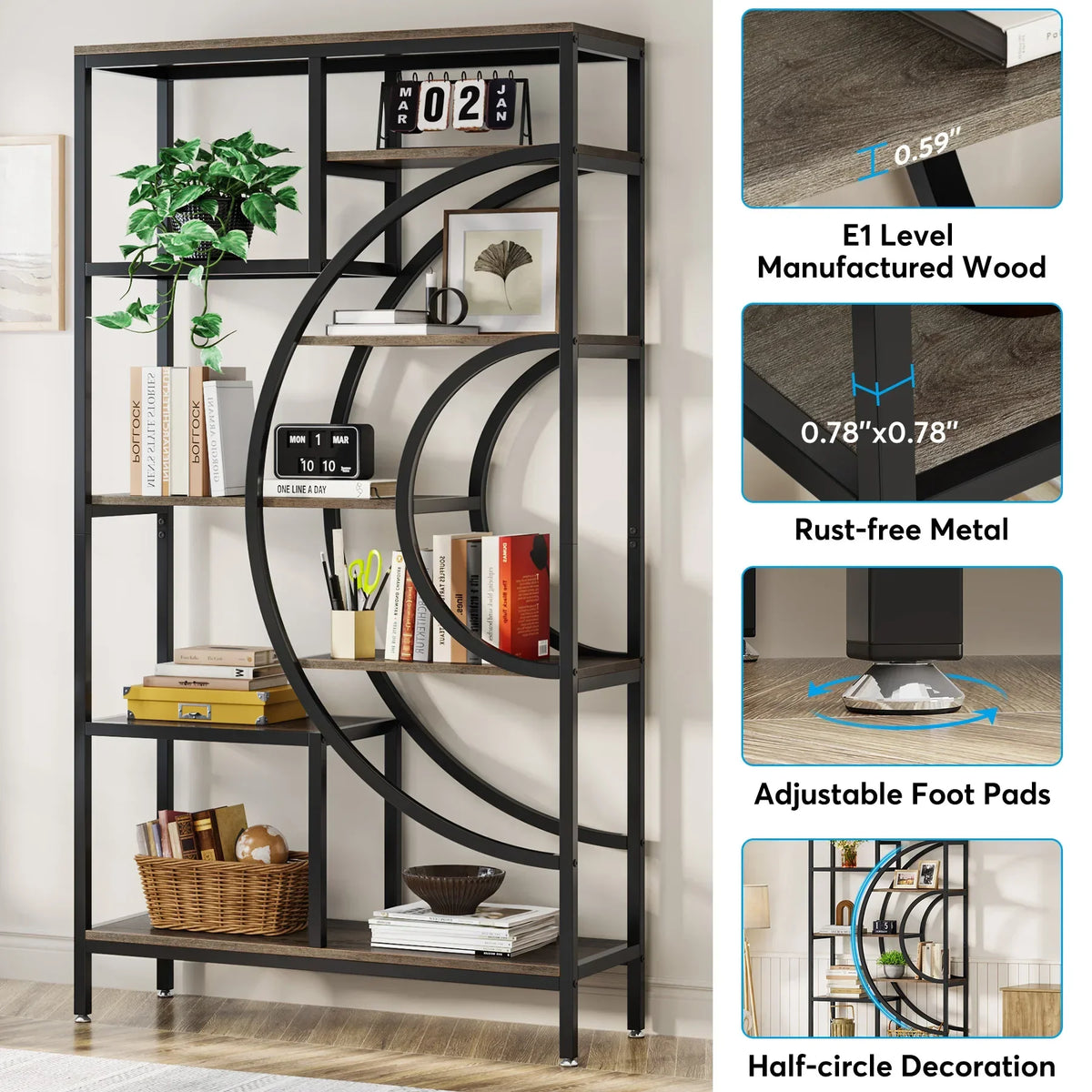 8-Tier Rustic Geometric Bookcase with Metal Frame