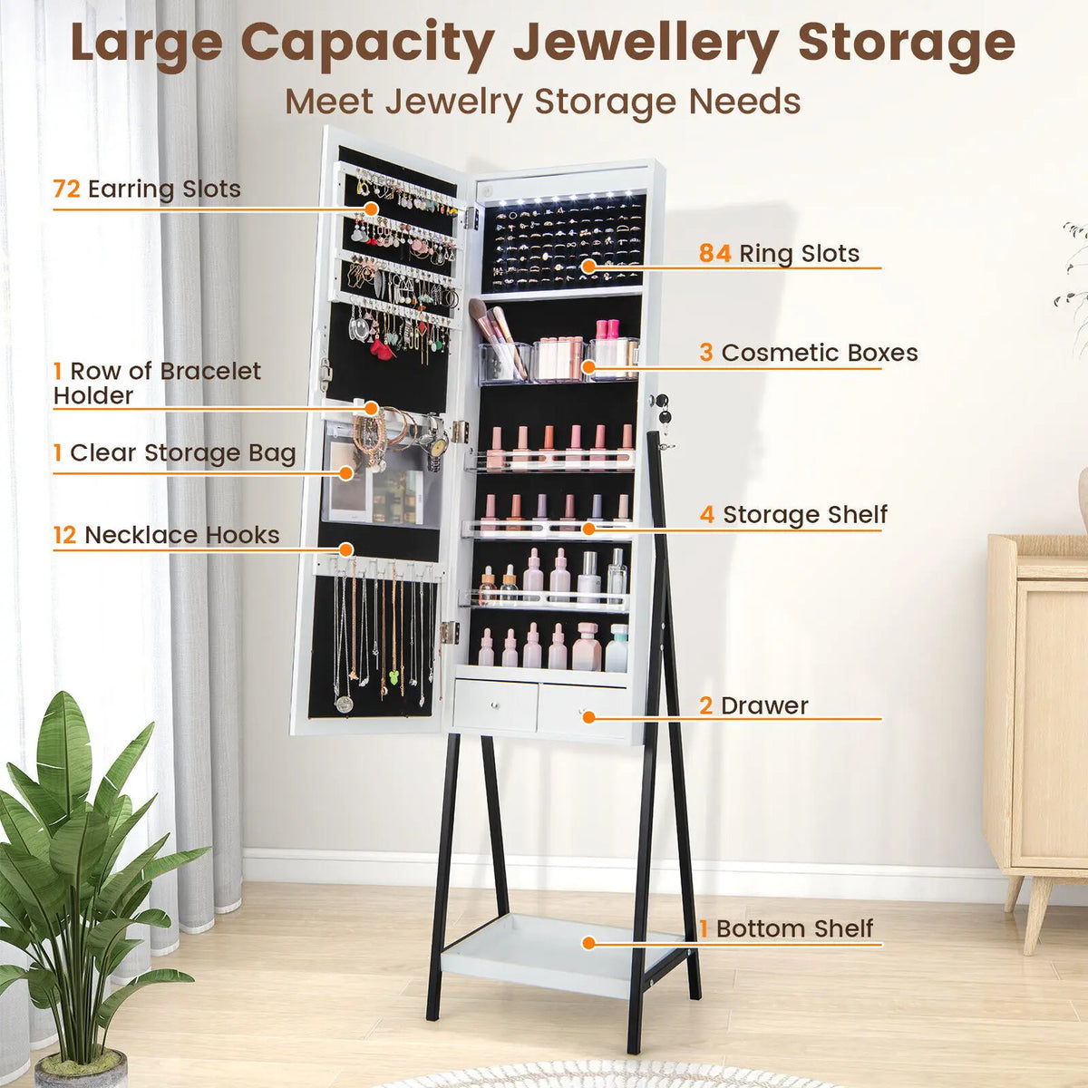 LED Jewellery Mirror Cabinet with Lockable Armoire
