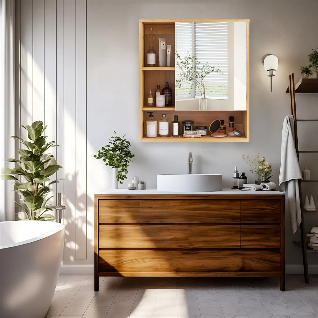 Wall Mounted Bamboo Bathroom Vanity Mirror Cabinet