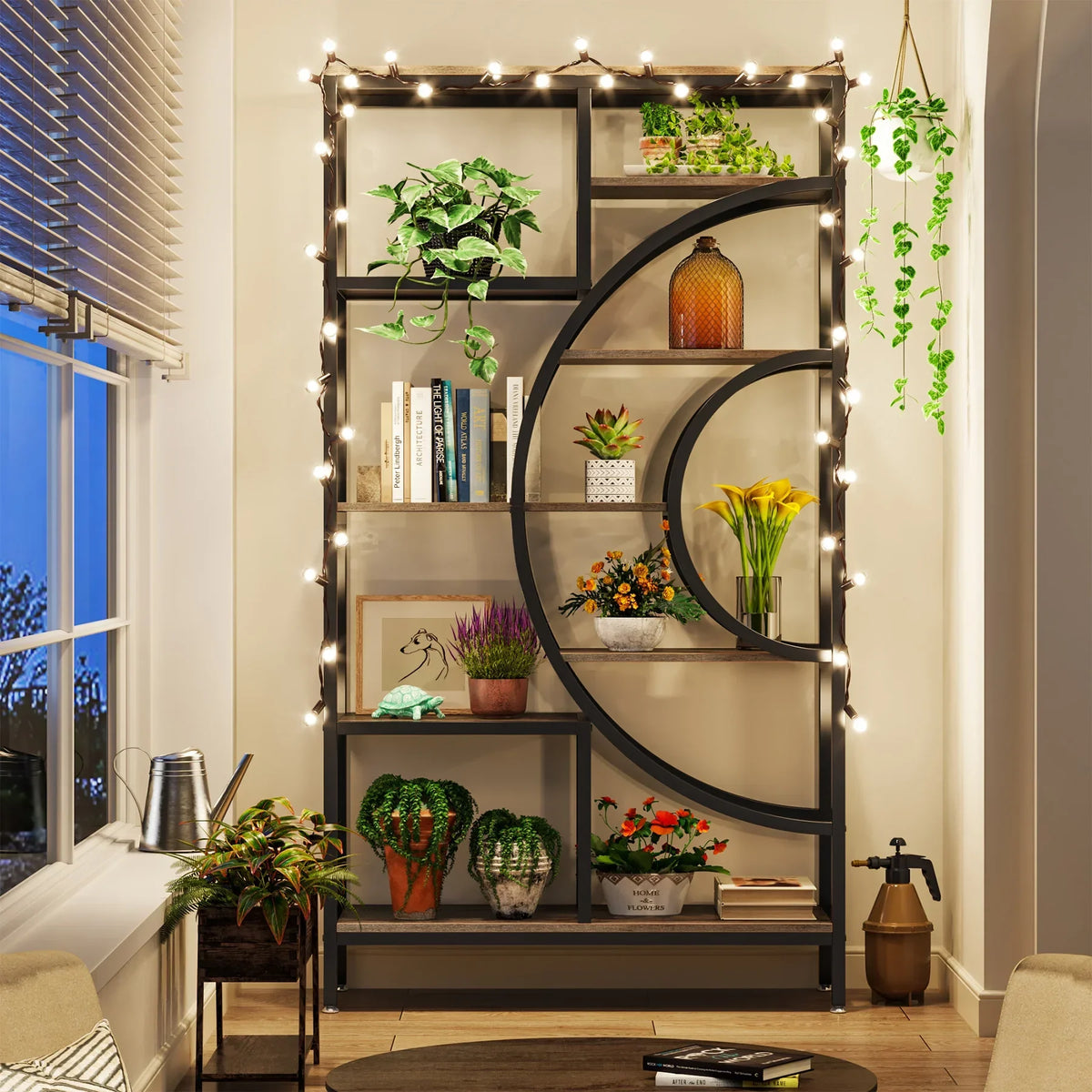 8-Tier Rustic Geometric Bookcase with Metal Frame