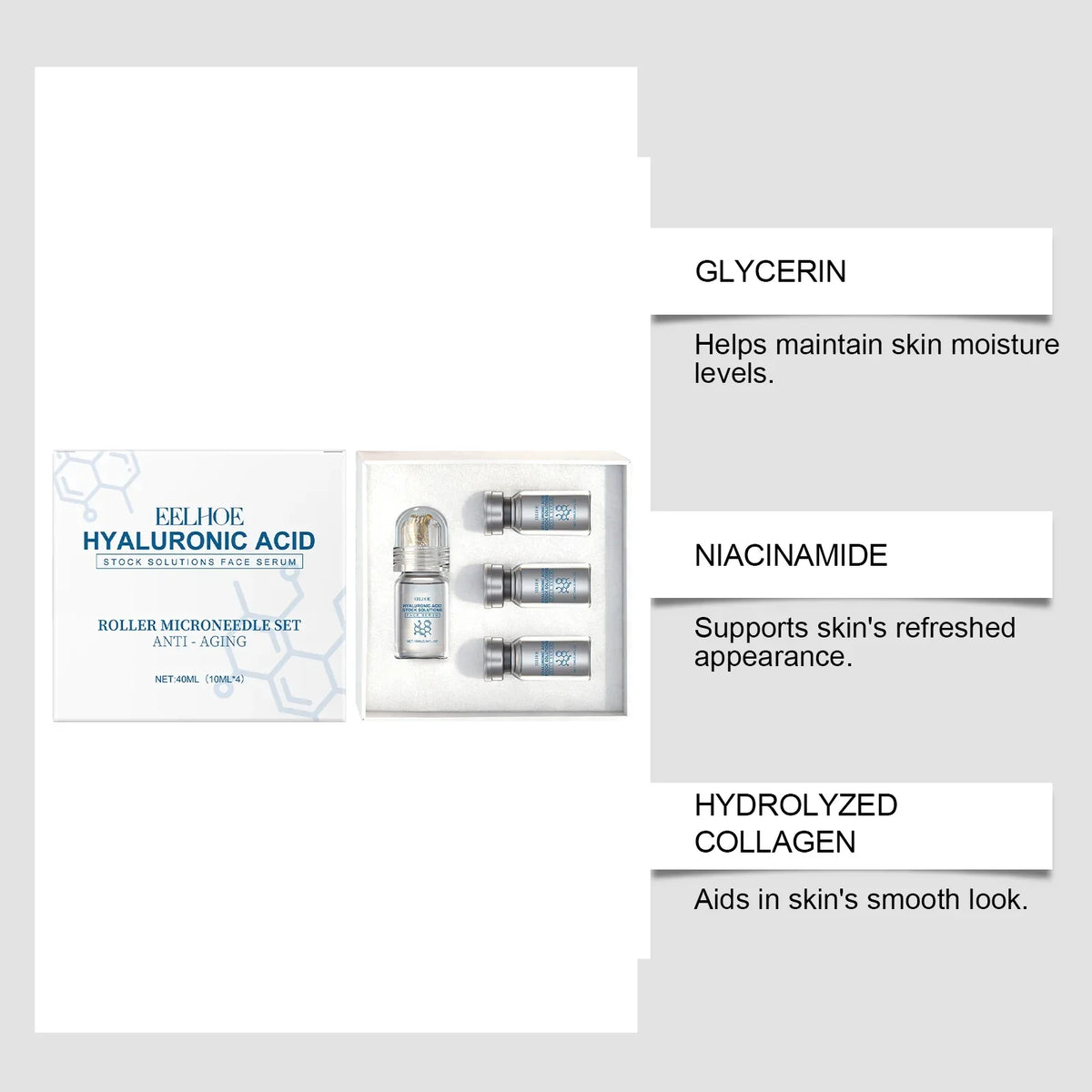 Hyaluronic Acid Face Serum Set with Roller Applicator – 4 x 10ml Moisturizing Serum