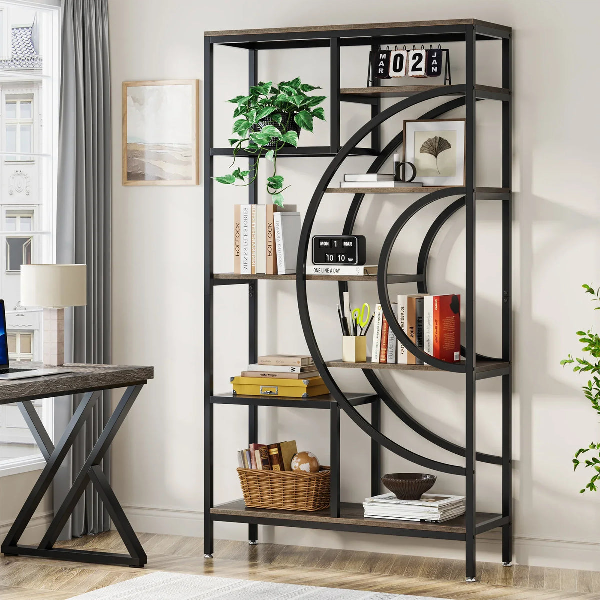 8-Tier Rustic Geometric Bookcase with Metal Frame